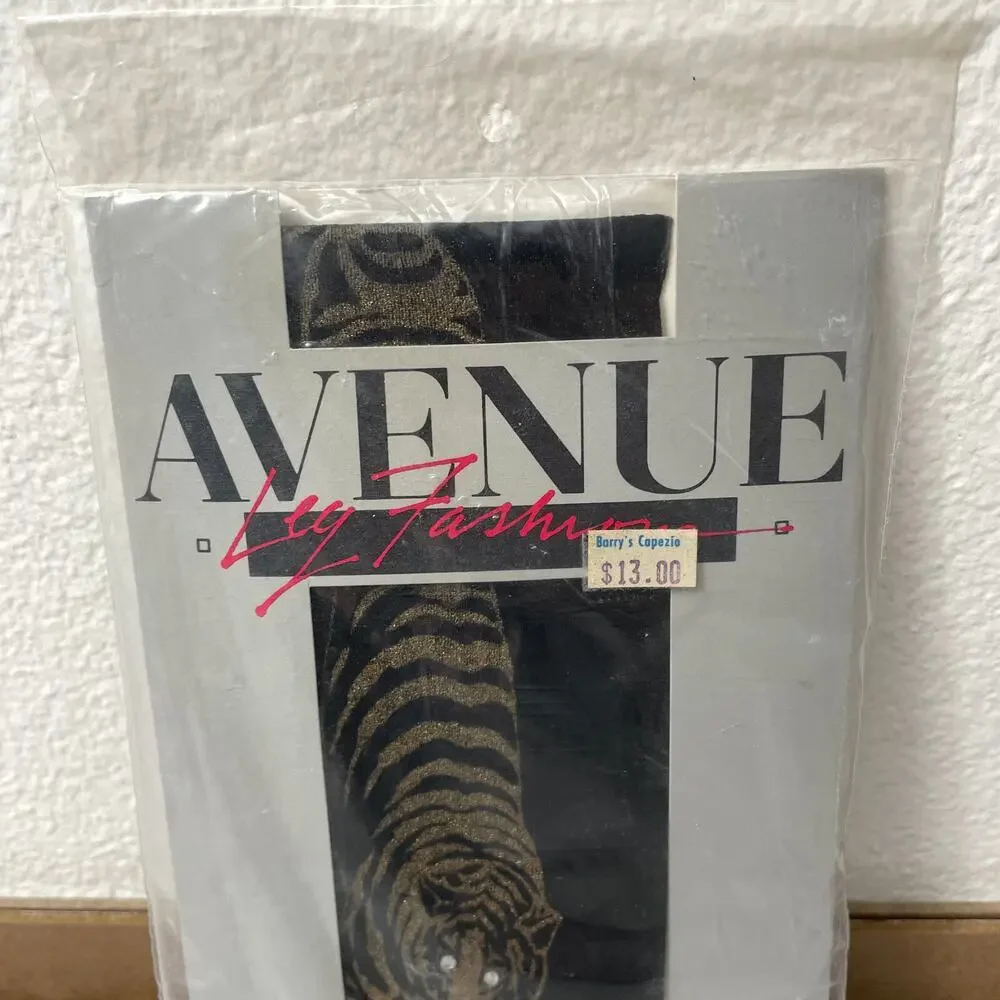 Vtg Avenue by Leg Fashions Tigerwalk Nylons Black Gold Embellished Sheer NOS 80s